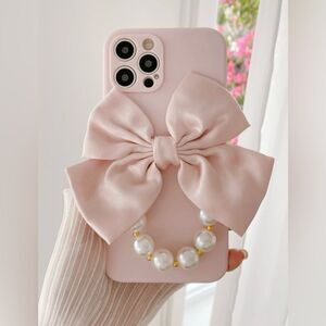 Elegant Pink Bow & Pearl Case for iPhone 16 Pro Max